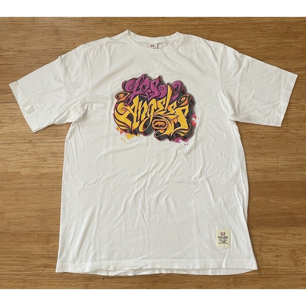 Vintage Ecko Unltd Los Angeles Graffiti T-Shirt Mens L Y2K Rhino White Tee